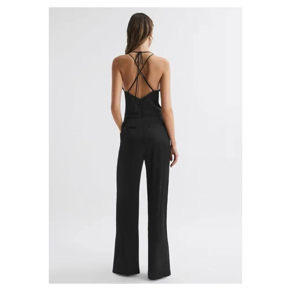 New! REISS Malia Cowl Neck Open Back Satin Jumpsuit In Black - Picture 4 of 11